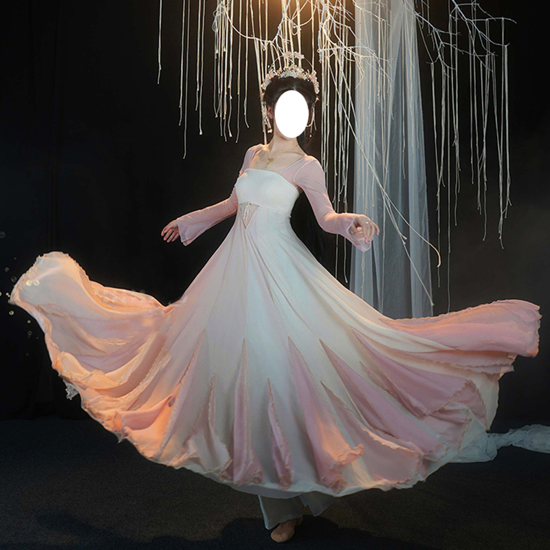 A Beautiful, Elegant, and Slim-Fitting Classical Dance Hanfu Dress in a Large Pink Color, Exuding a Fairy-Like Aura