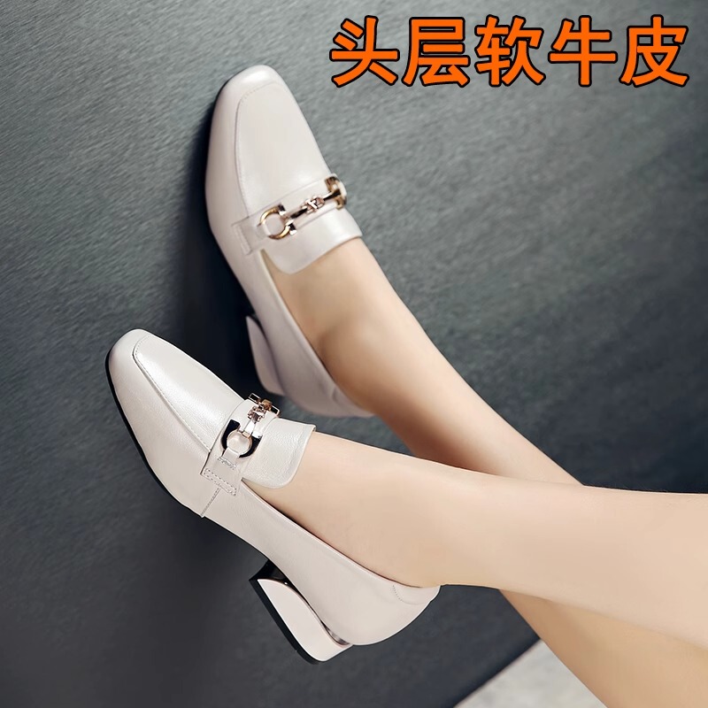 Genuine Leather Shoes for Women, Low Heel, First Layer Cowhide, Soft Sole, Spring and Autumn, Thick Heel Leather Shoes, Flat Square Toe, British Style Loafers
