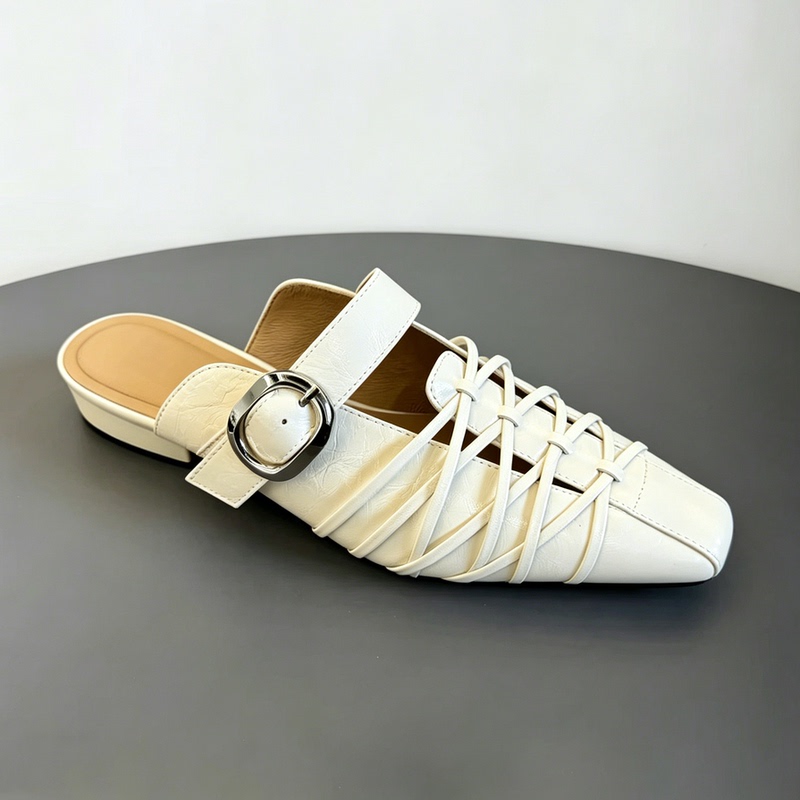 Sheepskin Version ~2.5Cm Small Square Toe Woven Mule Sandals for Women, Low Heel, Single Strap, Suitable for Outdoor Wear