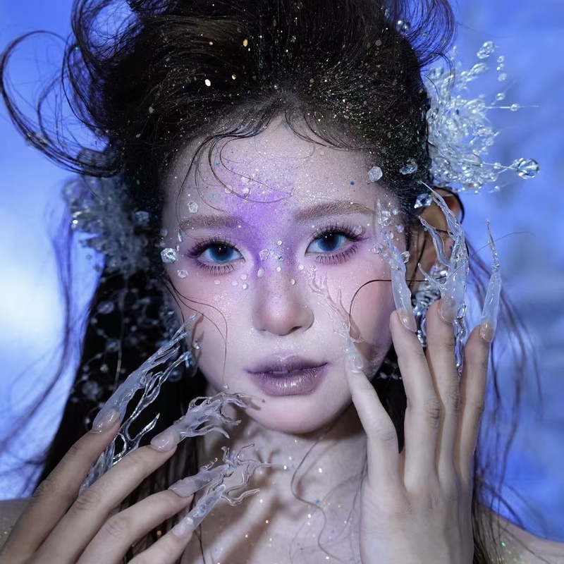 Mermaid Makeup and Nail Art Matching, Transparent Water Drop Tassel Press-On Nails, Frozen Style Stage Performance Fake Nails Mermaid Makeup and Nail Art Matching, Transparent Water Drop Tassel Press-On Nails, Frozen Style Stage Performance Fake Nails
