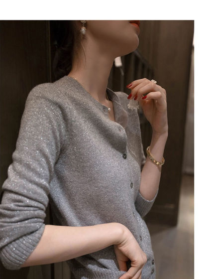 春秋亮丝针织开衫女宽松韩版超薄百搭显瘦短款针织圆领羊毛衫外套