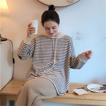 Autumn and winter New cashmere sweater womens pullover loose size sweater hooded sweater Korean striped bottled knitted hoodie