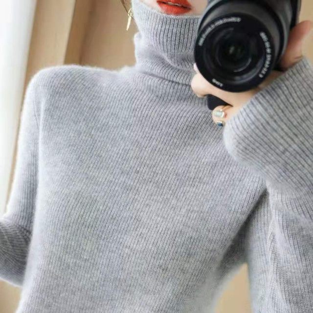 Anti-season clearance wool sweater women's 100% wool women's pile collar slim-fit short cashmere bottoming shirt turtleneck sweater