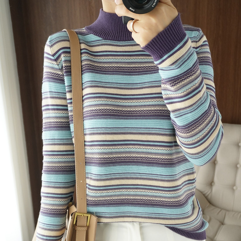 100% cotton line striped knitted sweater women's pullover cotton and linen thick sweater color striped long-sleeved warm bottoming top