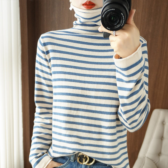 100%纯棉上衣堆堆领套头针织毛衣打底衫条纹卷边新款时尚休闲宽松