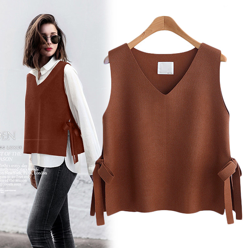 Europe station 2021 autumn and winter new knitted wool vest sweater vest woman V collar loose external hitch sleeve head sleeveless