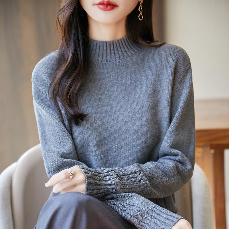 Non-Pilling 100% Pure Cotton Long-Sleeve Base Knit Sweater for Women, Half-Turtleneck, Solid Color, Warm Sweater, Loose Fit, All-Cotton Yarn