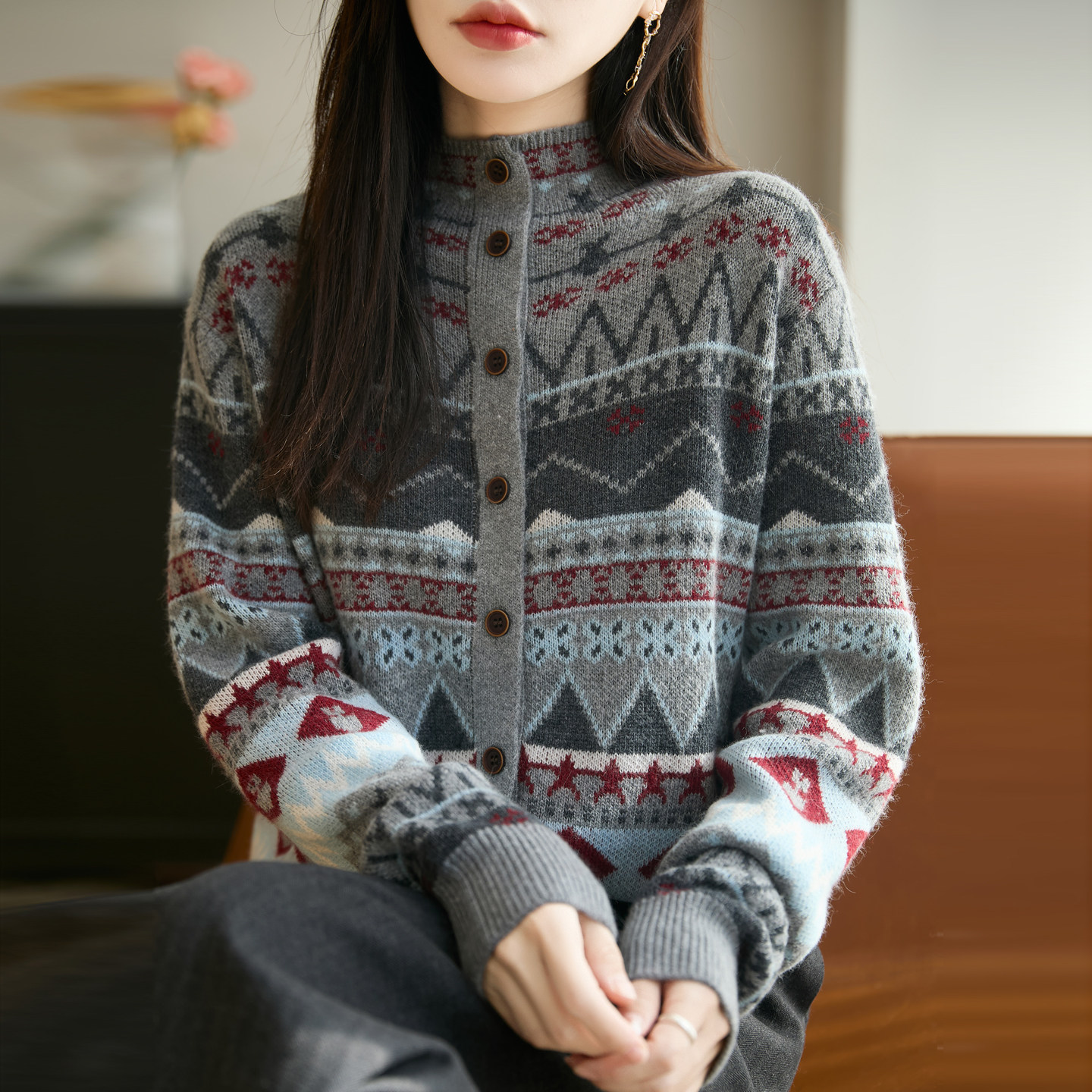 프랑스식 공정한 섬 자카드 니트 오픈 가디건 여성 2026 가을 겨울 두꺼운 보온 만나는 외국 가스 스웨터 코트 맨위 상세 이미지 1