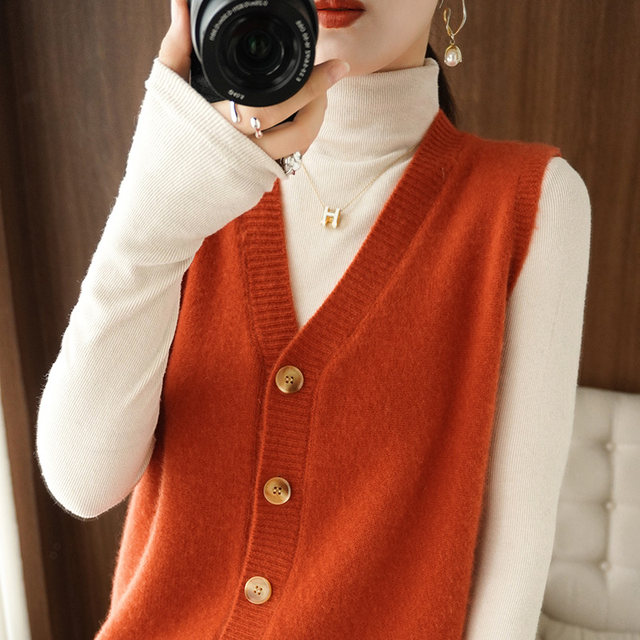 ໃຫມ່ 100 cashmere knitted vest cardigan ແມ່ຍິງຄໍ V sleeveless ວ່າງຂະຫນາດໃຫຍ່ versatility sweater