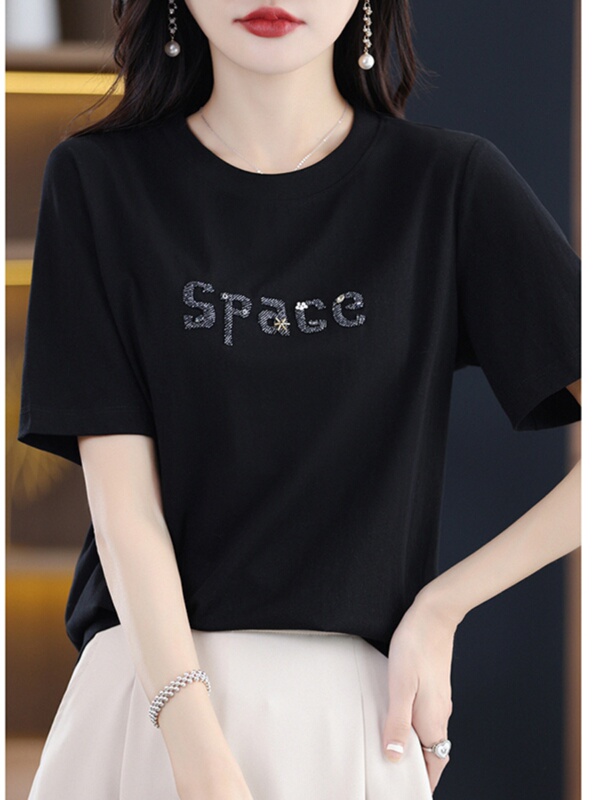 T-Shirt for Women, Short-Sleeved, Round Neck, Embroidered, Mercerized Cotton, Loose Fit, 2026 New Style, Top with a Sense of Design, Age-Reducing, Pure Cotton, Half-Sleeve, Summer