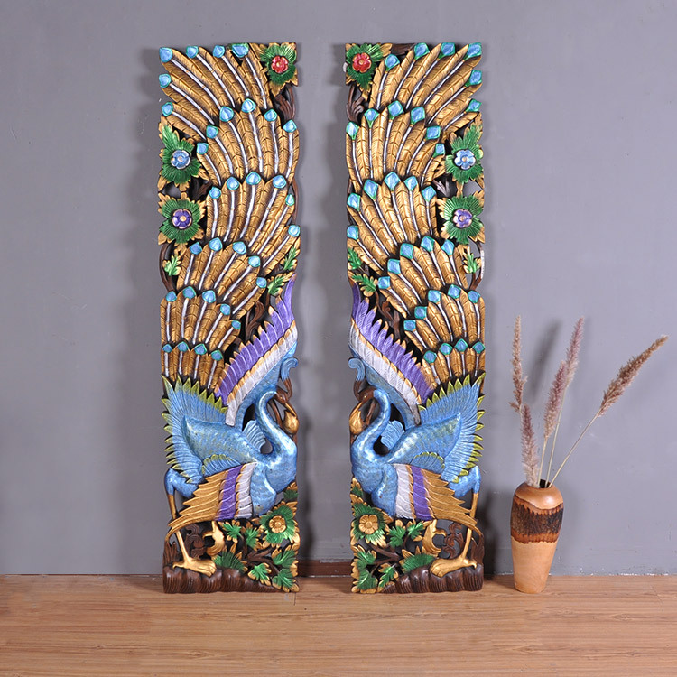 Southeast Asia Home Decorations Thailand Imported Solid Wood Carving Flowers Peacock Open Screen Background Wall Screen