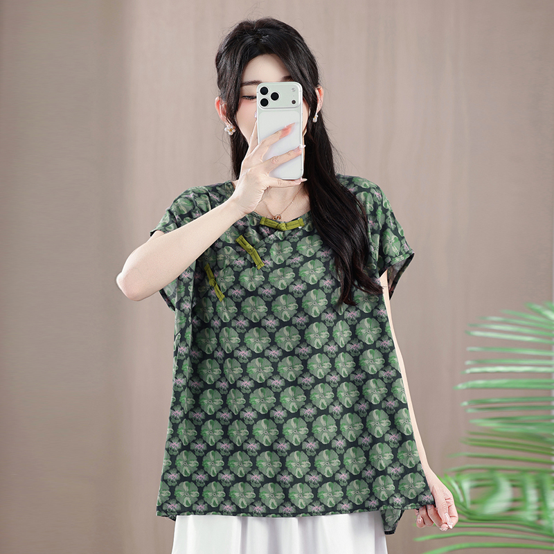 Summer New Style New Chinese-Style Cotton Silk Printed Short-Sleeved Shirt for Women, Summer Diagonal Placket Button Loose Slimming Pullover Top Summer New Style New Chinese-Style Cotton Silk Printed Short-Sleeved Shirt for Women, Summer Diagonal Placket Button Loose Slimming Pullover Top