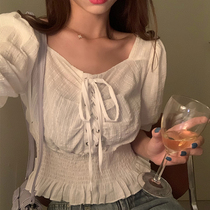 2021 summer new fashion large size fat mm design sense drawstring waist thin cover belly age-reducing Western style top