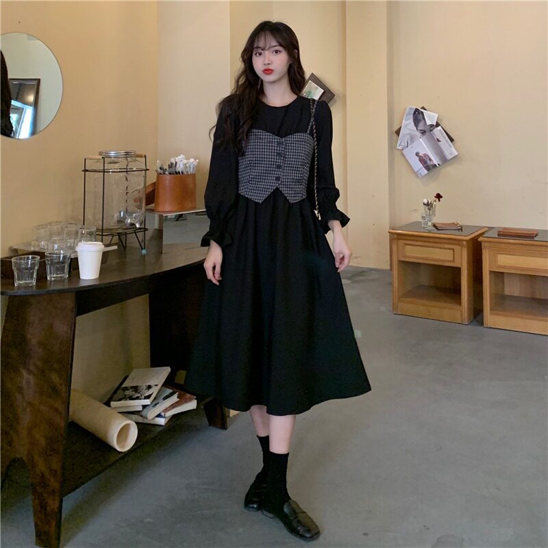 2021 Fall new French style retro Hepburn Hembe Thin Temperament Long Sleeve Foreign Dress Woman Big Ruler Size Fat Mm Small Black Dress