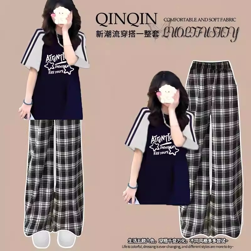Girls' Junior High School Students' Preppy Style Fashion Outfit Set 2026, Loose Short-Sleeved Long Pants Two-Piece Trendy Set for Young Girls