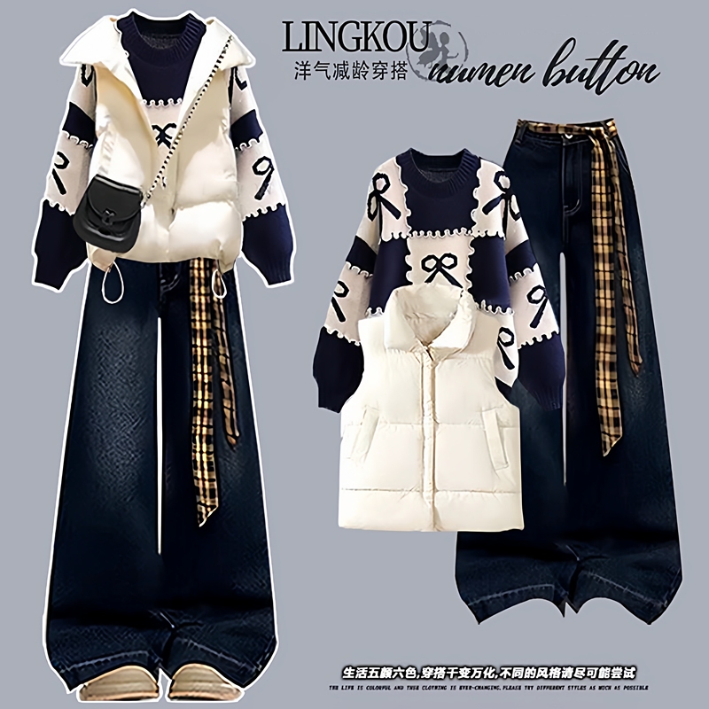Girls' Autumn and Winter Salt-Style Fashion Sweater Vest and Long Pants Set, Three-Piece Trendy Outfit for Middle and High School Girls Girls' Autumn and Winter Salt-Style Fashion Sweater Vest and Long Pants Set, Three-Piece Trendy Outfit for Middle and High School Girls