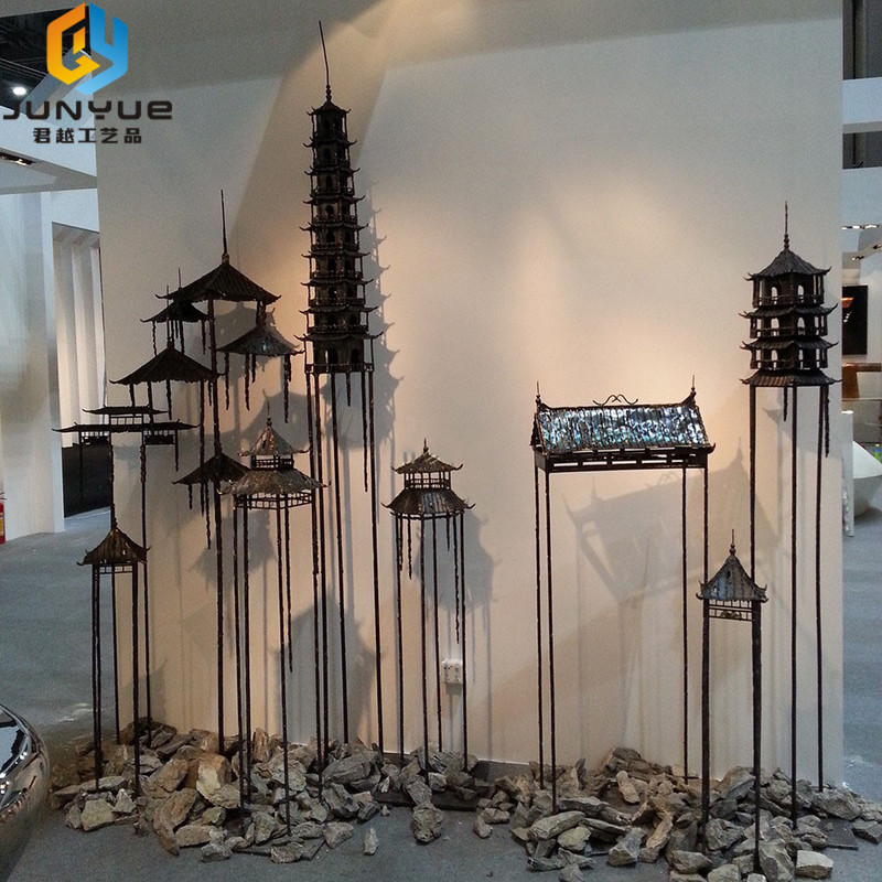Wrought Iron Pavilion, Iron Tower Ornament Combination Sculpture, Metal Vintage Floor-Standing Architectural Pavilion Decoration Crafts Direct Sale