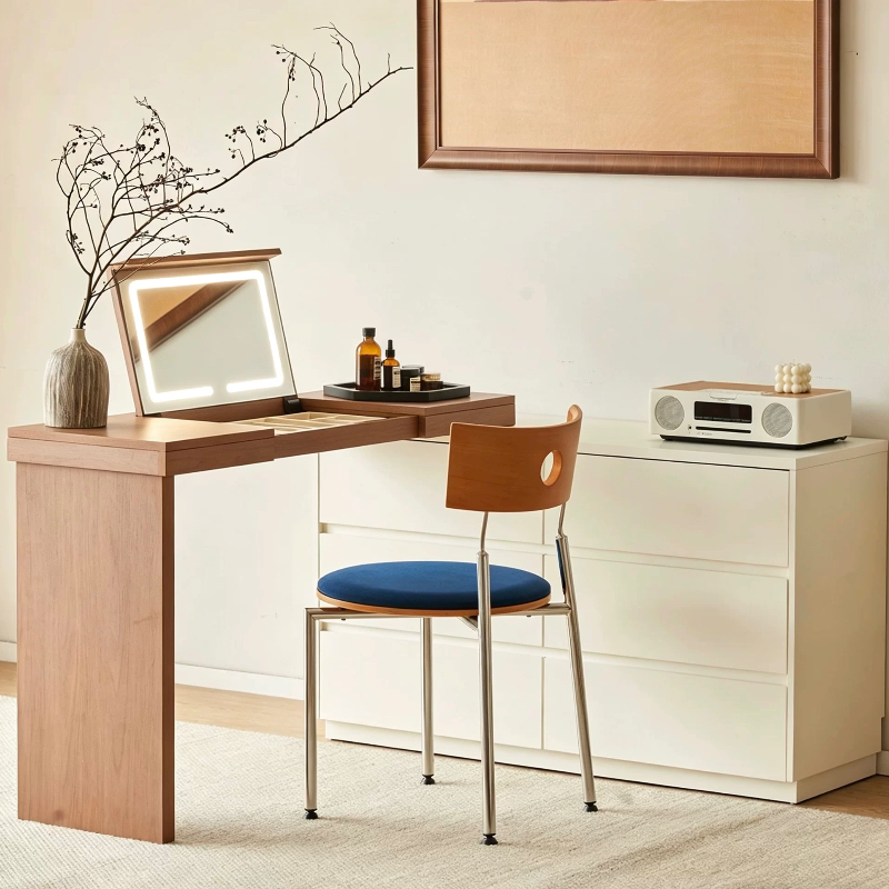 Vintage Cream-Style Flip-Top Dressing Table with Mirror and Storage Cabinet, Integrated Lacquered Solid Wood Bedside Cabinet, Makeup Table Cabinet