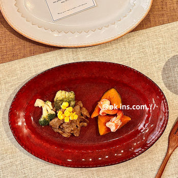 Japanese-Style Red Oval Fish Plate, Household Dish Plate, Ceramic Tableware, 2025 New Model, Steak Plate, Large Fish Serving Plate