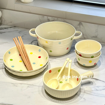 Polka Dot Cute Ceramic Tableware Set Bowl and Plate Rice Bowl Single-Serving Bowl and Plate Set Household Chopsticks Spoon