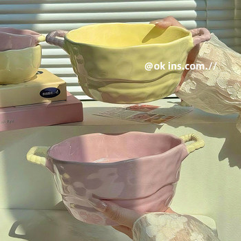 Cute Girly Double-Eared Ceramic Soup Bowl 2025 New High-Value Instant Noodle Bowl, Snail Noodle Bowl, Fruit Salad Bowl