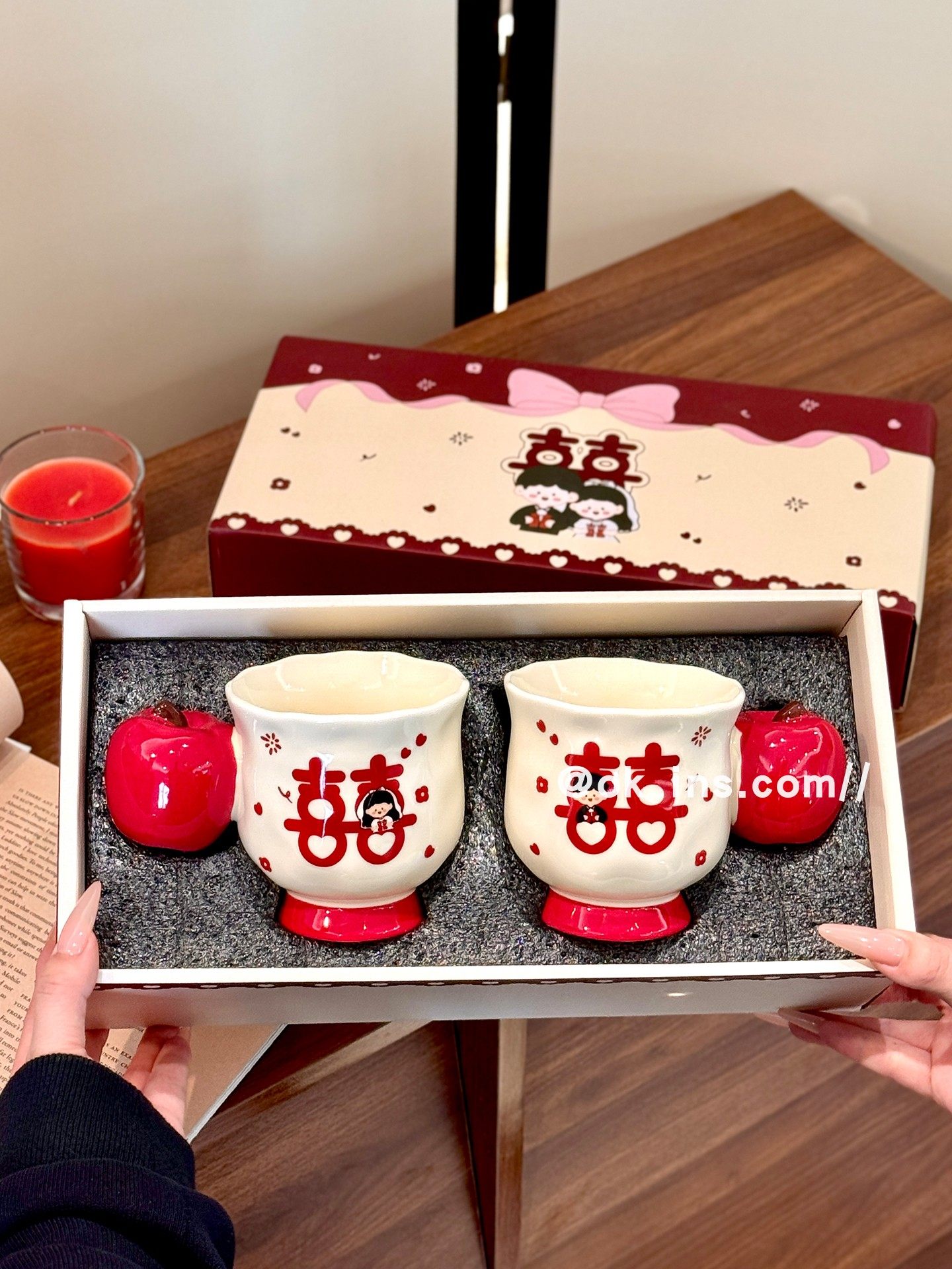 Wedding Gift Ceramic Cup with the Character for Happiness, Gift Box with Gift Bag, Cup for the Bride, High-Value Souvenir, Couple's Matching Cups