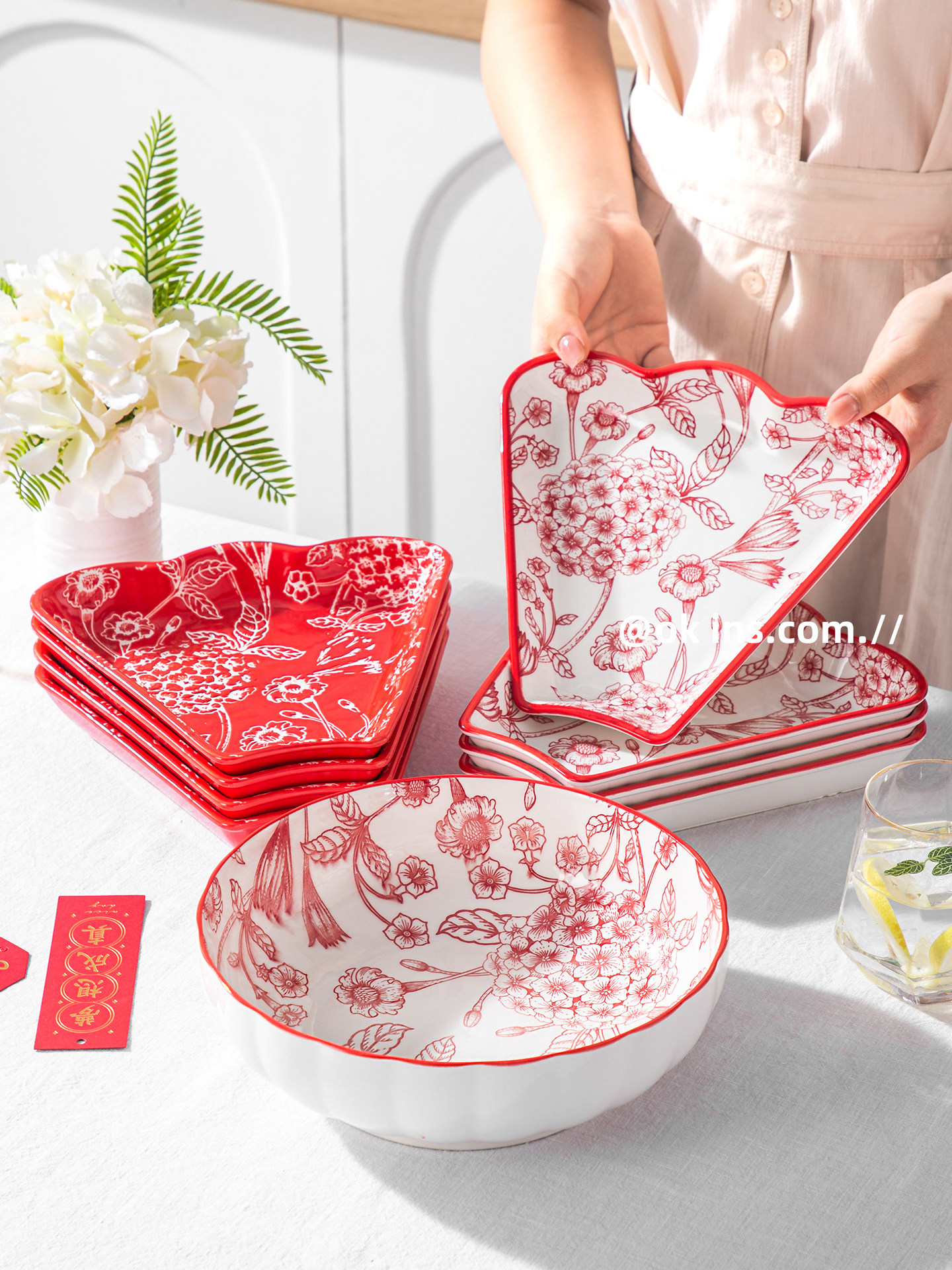 Festive Platter, Household Ceramic Dish, High-Value Wedding Gift, Housewarming Bowl and Plate Set, New Year Red Tableware