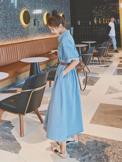 牛仔连衣裙女夏季2024新款法式收腰显瘦高级感气质A字衬衫长裙子