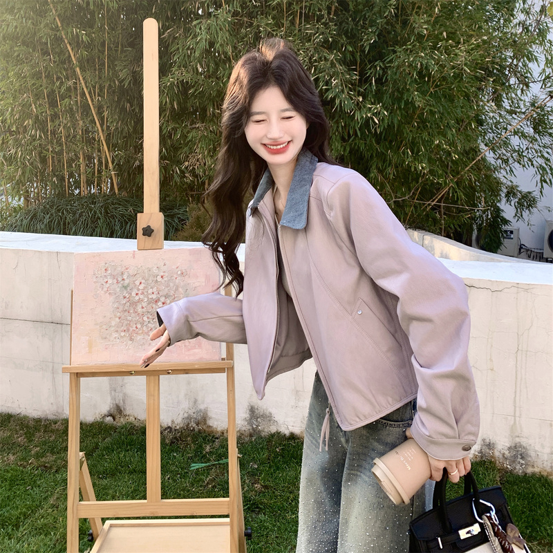 Korean-Style Color-Blocked Short Leather Jacket for Women, Spring and Autumn 2026 New Trendy Street Style, Super Popular Petite Jacket Top