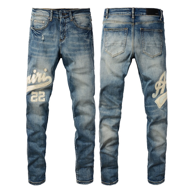 American High Street Ripped Men's Jeans, Stretchy Slim Fit, 2024 Spring/Summer New Style, Skinny Pants with Amiri Logo American High Street Ripped Men's Jeans, Stretchy Slim Fit, 2024 Spring/Summer New Style, Skinny Pants with Amiri Logo