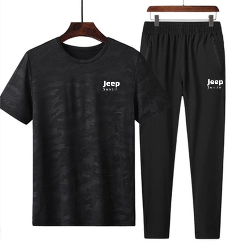 Senlinjeep Ice Silk Short-Sleeved T-Shirt Men's Quick-Drying Sports Suit Casual Pants Top Summer Two-Piece Set