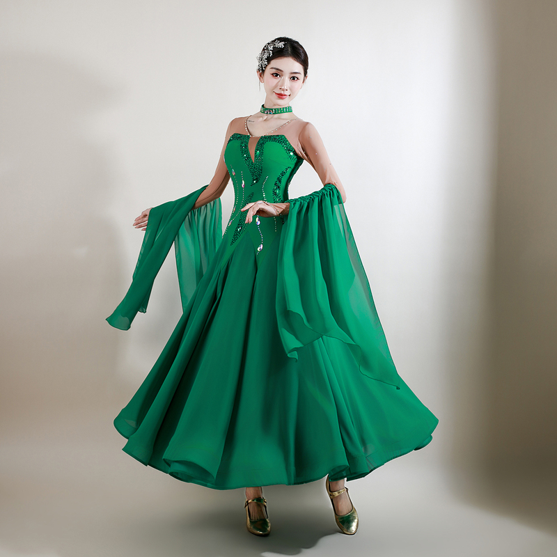 Modern Dance Partner's Green Waltz High-End Competition Dress with Sequin Embellishments, Elegant Long Dress Performance Outfit Modern Dance Partner's Green Waltz High-End Competition Dress with Sequin Embellishments, Elegant Long Dress Performance Outfit