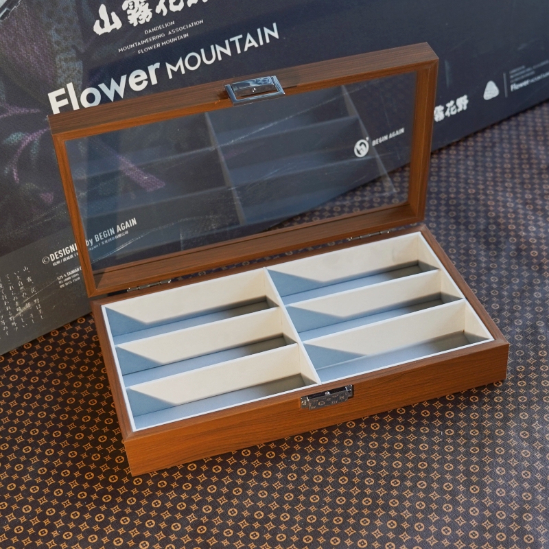 6-Compartment Glasses Storage Box, Walnut Wood Grain Sunglasses Collection Multi-Compartment Display Box, Jewelry Box with Glass Lid