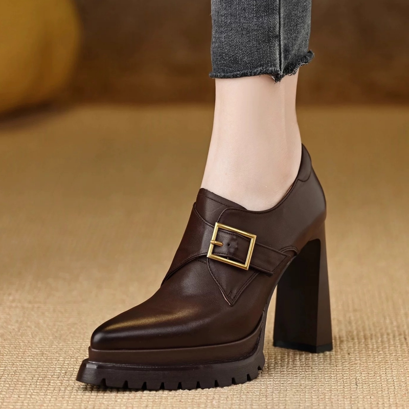 Petite women's platform high heels with metal buckles, new spring/autumn style, genuine leather, pointed toe, chunky heel, runway shoes.