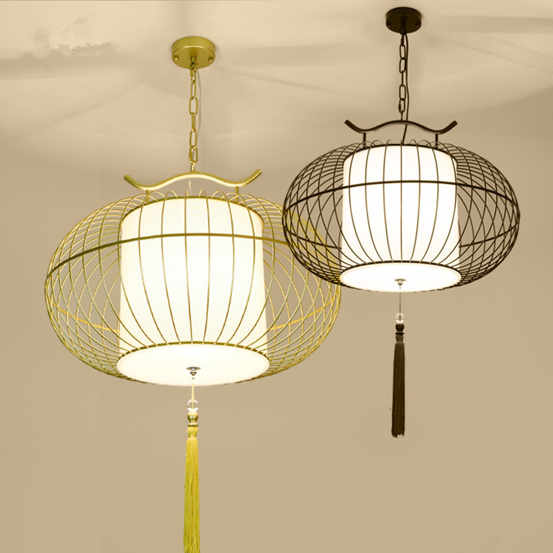 New Chinese iron bird cage chandelier Creative bar Teahouse Hot pot shop Dining room chandelier Hotel Hotel Lantern chandelier