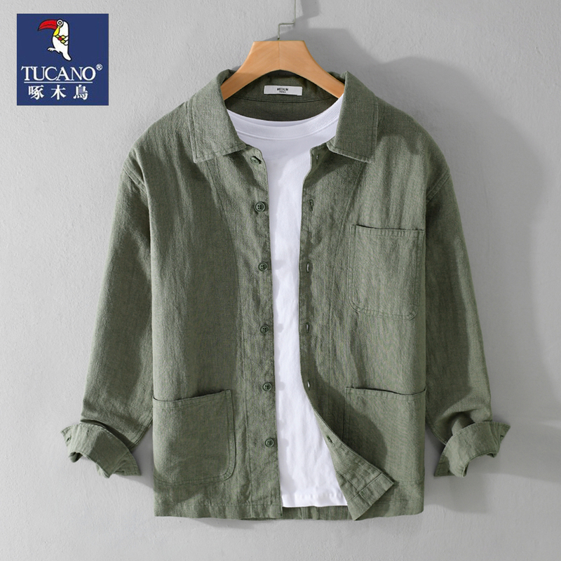 Woodpecker Men's Linen Long Sleeve Jacket Spring and Autumn Turn-Down Collar Cotton Linen Cardigan Japanese Style Summer Casual Top