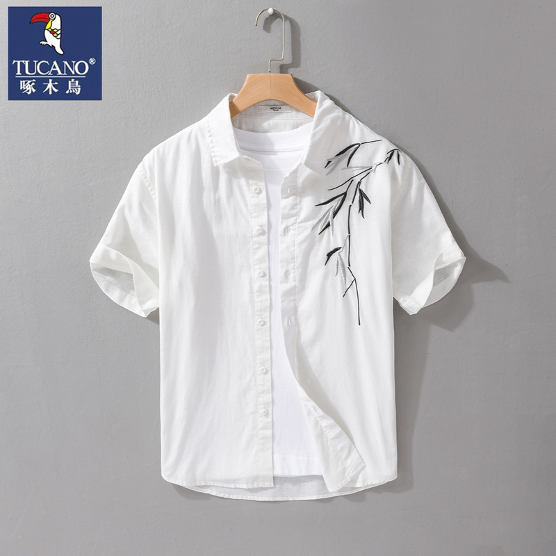 Woodpecker Men's Linen Short-Sleeve Shirt Summer Thin Chinese Style Embroidered Shirt Cotton-Linen Casual High-End Top