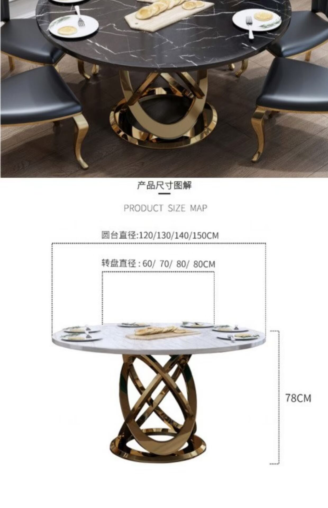 Hiện đại và đơn giản phong cách Hồng Kông sang trọng bằng thép không gỉ titan vàng cẩm thạch kết hợp bàn ăn nhà hàng bàn tròn giường ngủ đẹp hiện đại