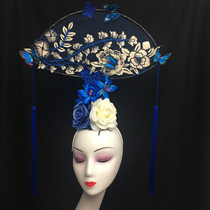 New blue catwalk model catwalk Creative fan headdress Annual meeting Stage performance studio photo personality hair accessories