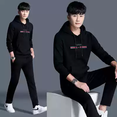 Plus velvet sweater men's hooded trend autumn and winter Korean sports suit men's casual wear with handsome spring and autumn