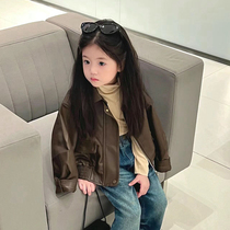 Childrens clothing 2024 springtime female baby leather coat jacket female short section jacket retro locomotive male and female pu leather blouses