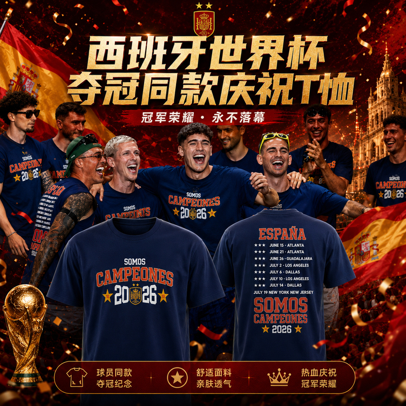 2026 Spain World Cup Championship T-Shirt, Fan Commemorative Football Pure Cotton Yamal Short-Sleeve Double Star