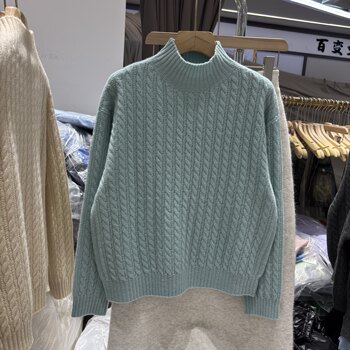 Half-Turtleneck Gold Thread Small Sequin Wool Cable Knit Sweater for Women, Loose and Soft Versatile Pullover, Minimalist Style