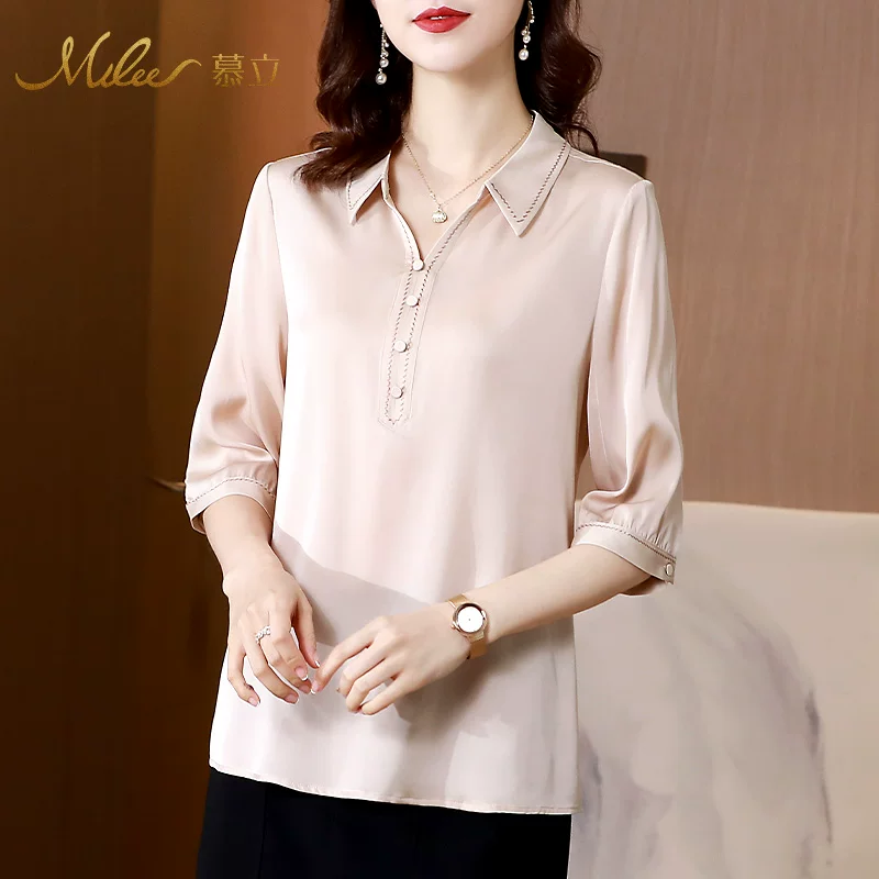 Мулле/ Silk T-shirt от Мули Silk T-shirt, сезон 2021, воротник-поло, плюс сайз