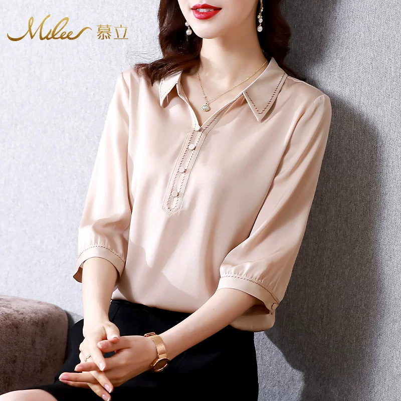 Мулле/ Silk T-shirt от Мули Silk T-shirt, сезон 2021, воротник-поло, плюс сайз