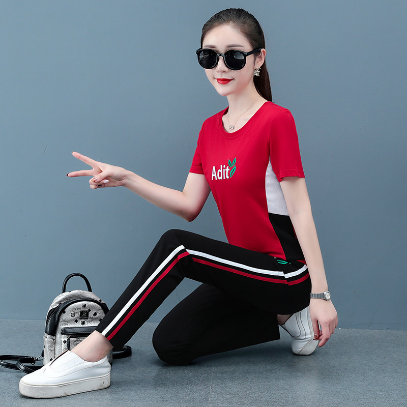 MMQ summer sports suit women's 2022 new loose thin section contrast color short-sleeved trousers casual two-piece trendy