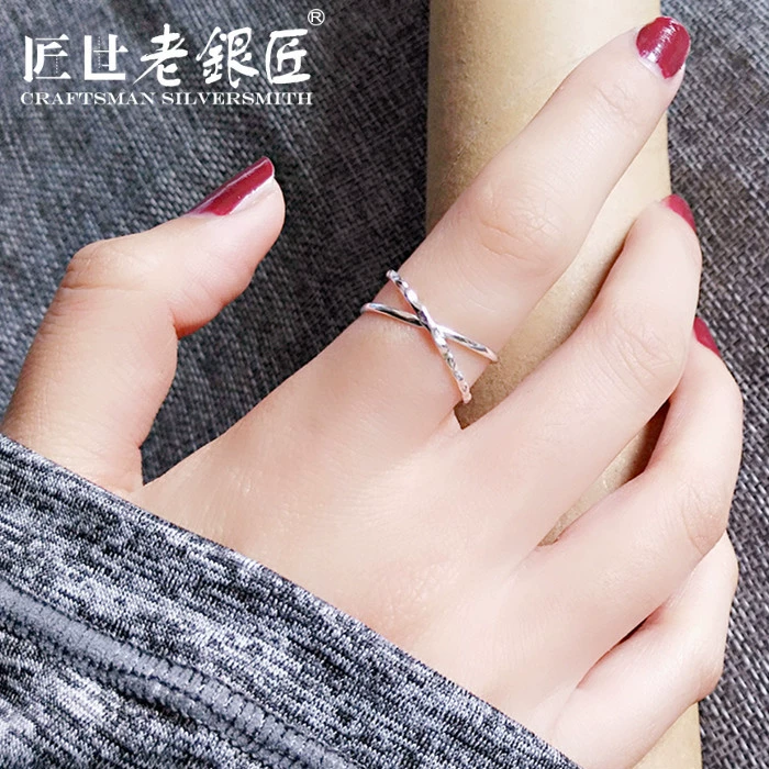 Nghề thủ công Bạc vuông 925 Sterling Silver Ring X Cross Minimalist Style Wave open Ring Nhật Bản Hàn Quốc Khí chất - Nhẫn