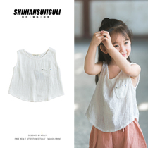 Childrens cotton and linen vest T-shirt short sleeve summer breathable cool casual baby T sleeveless top