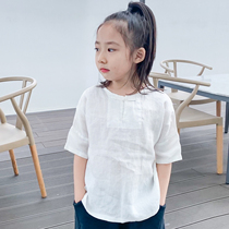 Childrens cotton linen short-sleeved National Style summer T-shirt male and female children Leisure comfortable and healthy