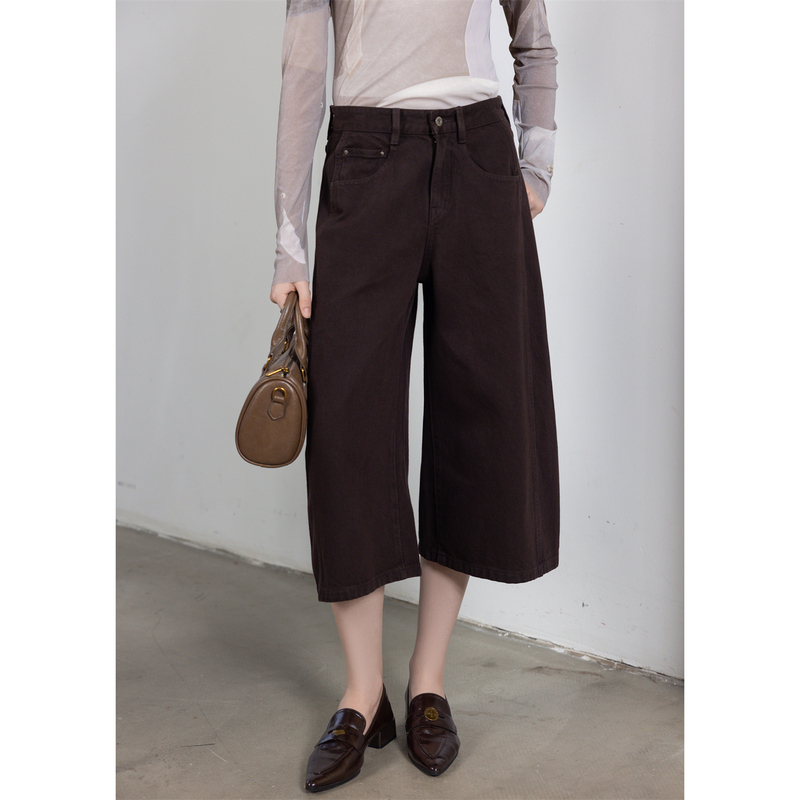 Women's Denim Capri Pants 2026 New Autumn Slimming High-Waisted Washed Loose Wide-Leg Cropped Knife-Cut Pants